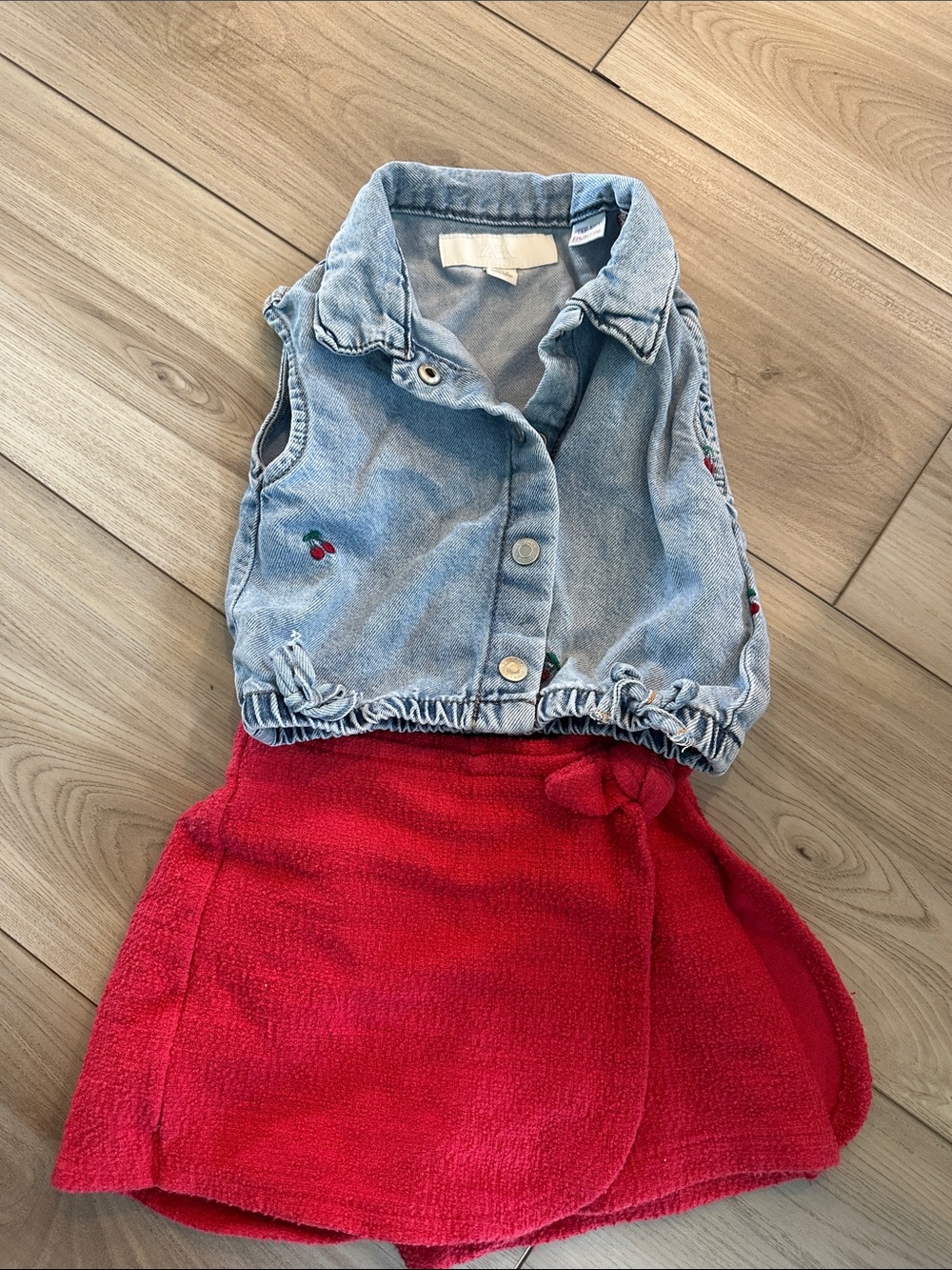 Zara Light Denim Vest and Bright Red Skirt Set